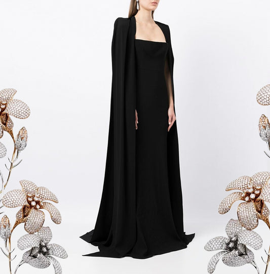 Black Cape-Detail Evening Dress