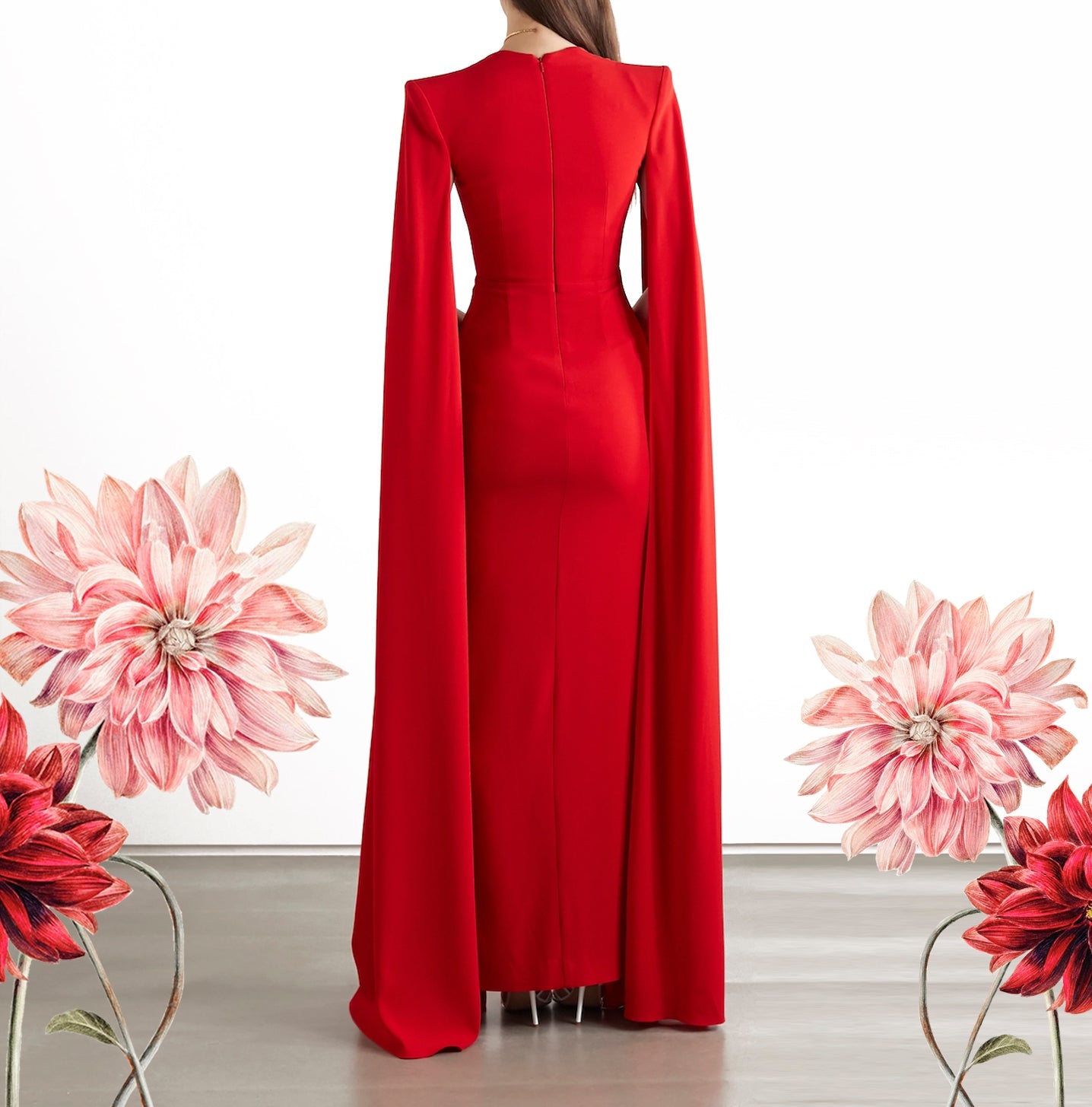 Red Cape-Effect Crepe Gown