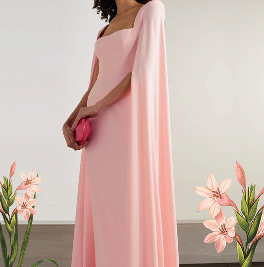 Rose Pink Cape-Effect Crepe Gown