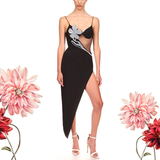 Black Asymmetric Flower Crystal-Embellished - Midi Dress